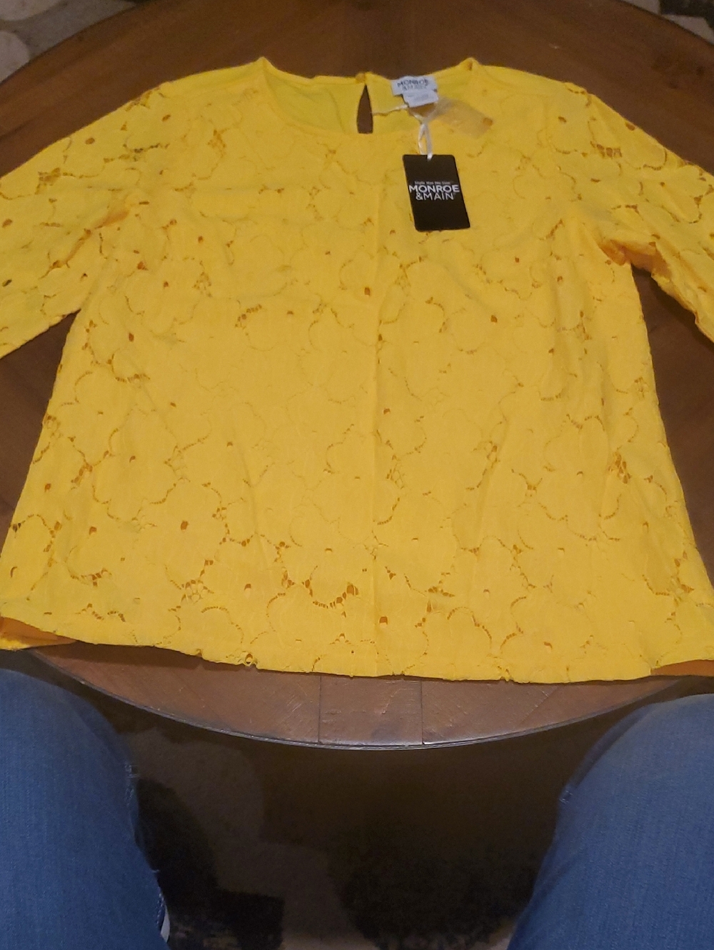 Monroe & Main Vibrant Yellow Floral Lace Pullover Blouse